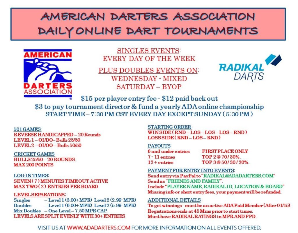 2020 ADA Weekly Tournament Schedule